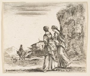Two Girls Walking Towards the Left, Seen from Behind, a Woman on a Horse