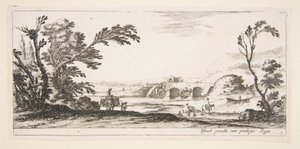 Plate 3: two horsemen crossing a river to right, a woman with two baskets atop a donkey, ca. 1641 by Stefano della Bella