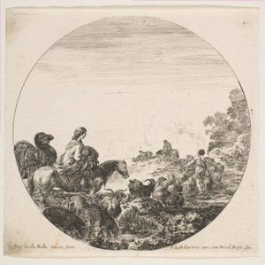 Plate 5: A Woman Carrying a Child on a Horse at Left, a Camel Following Her, a Herd of... by Stefano della Bella