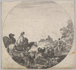 Plate 5: a woman carrying a child on a horse to left, a camel following her, a herd... by Stefano della Bella