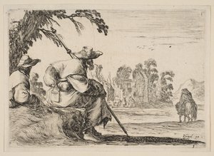Two Pilgrims with Hats Rest to the Left, Seen from Behind, a Horseman Rides Toward