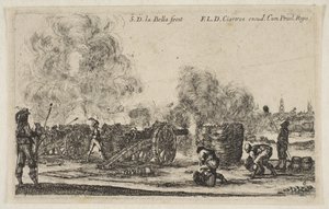 Plate 6: battery of cannons firing on a city, from Various Military Caprices Varii by Stefano della Bella