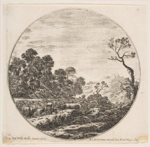 Cows Crossing a Valley at Left, a Horseman and Other Cows in the Background