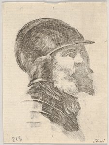 Head of an old bearded soldier wearing a helmet facing right, from Various heads by Stefano della Bella