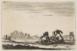 Two noblemen seated in center, seen from behind, conversing with a noblewoman by Stefano della Bella