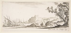 Plate 7: various boats on shore to left, a man carrying a bag, seen from behind by Stefano della Bella