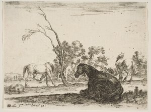 Plate 8: a seated horse to right, seen from behind and turned to the left, three other horses in the background