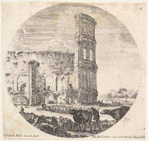 The Colosseum, Two Herds Being Directed Towards the Amphitheater in the Foreground... (detail) by Stefano della Bella