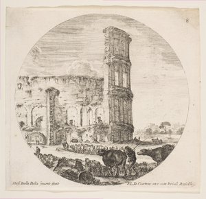 Plate 8: The Colosseum, Two Herds Being Directed Towards the Amphitheater by Stefano della Bella