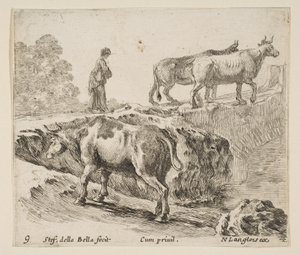 Plate 9: A Cow Ascending a Bank, a Peasant Woman Leading Two Cows Across a Bridge by Stefano della Bella