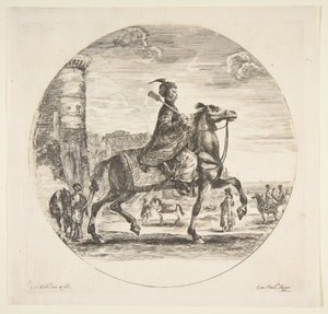 Polish Horseman in Profile Facing Right, a Tower and Other Figures on Horses in Background by Stefano della Bella