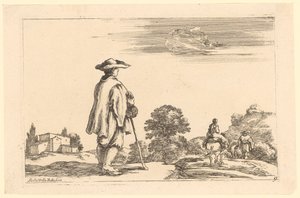 Traveler in Side Back View at a Farm, with a Riding Woman and a Man with Horse by Stefano della Bella