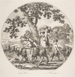 Satyr family walking towards the left with two goats and a basket of grapes by Stefano della Bella