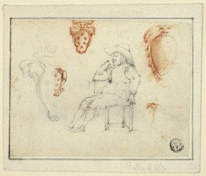 Sketches of Seated Man, Medici Coats of Arms by Stefano della Bella
