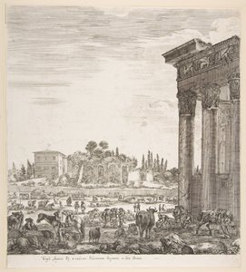The Columns of the Temple of Antoninus to Right, a Part of the Campo Vaccino in Center by Stefano della Bella