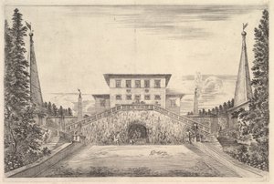 The Villa at Center Flanked by Four Obelisks, a Staircase to Either Side, a Statue, ca. 1653 by Stefano della Bella