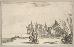 Three Men Wearing Hats Standing in Center, Men Fixing a Ship to Right, Five Ships and Various Figures