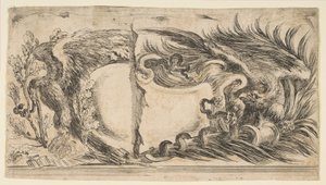Two Different Halves of Cartouches Each Showing an Eagle Fighting a Serpent by Stefano della Bella