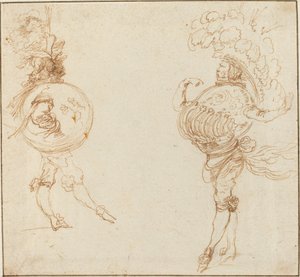 Two Men in Masquerade Costumes: The Earth and a Parade Helmet, c. 1645 by Stefano della Bella