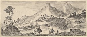 Two horsemen descend a hill in center, following another man on foot, a castle in the background by Stefano della Bella