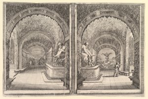 Two Views of a Grotto, Both Views with a Fountain with a Seated Statue