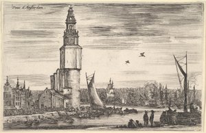 View of Amsterdam, a Tower and Houses to Left, Men Standing on the Pier