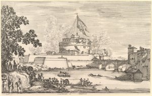 View of the Tiber River, a large tree to left, two groups of women to left in the foreground, ca. 1656 by Stefano della Bella