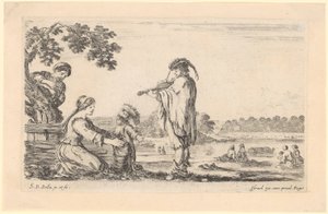 Violinist and Seated Woman with Child by a Body of Water by Stefano della Bella