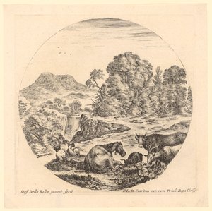 Two Shepherds with Their Flock in a Rocky Landscape with Waterfall by Stefano della Bella