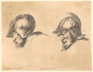 Two Portraits of Bearded Men with Helmets in Profile Facing Left by Stefano della Bella