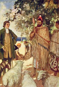 Captain Cook presents the natives with some sheep and goats, illustration from 