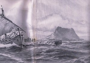 German submarine travelling through the straits of Gibraltar on the way to the Dardanelles, from The Illustrated History of the World War 1914-1915 by Willy Stoewer 
