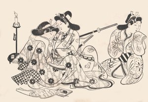 Samurai and Courtesan Seated, A Servant Beside Them by Sugimura Jihei