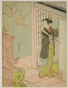 Beauty Admiring a Bush Warbler Singing in a Plum Tree