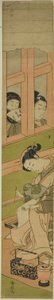 Courtesan Writing a Letter as Two Men Watch through a Window Lattice by Suzuki Harunobu