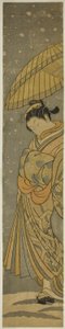 Courtesan on Parade in Falling Snow by Suzuki Harunobu