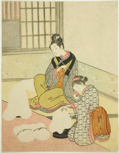 Evening Snow on a Floss Shaper (Nurioke no bosetsu), from the series "Eight Views of the Parlor (Zashiki hakkei)"