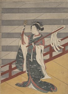 Girl on Balcony above Stone Stairway