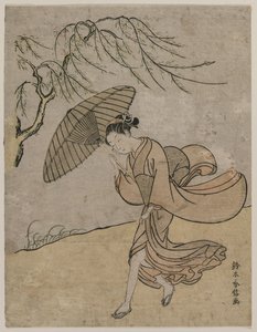 Woman Running Past a Willow Tree in a Breeze by Suzuki Harunobu