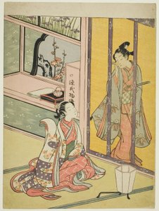 Young Man and Woman Talking through a Bamboo Blind by Suzuki Harunobu