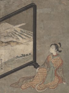 Young Woman with a Pipe in Her Hand Gazing at Landscape Painted on a Screen