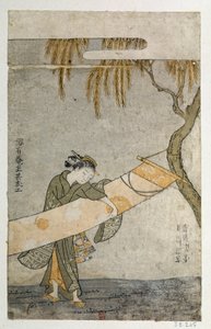 Young woman tending a kakemono attaches to a tree by Suzuki Harunobu