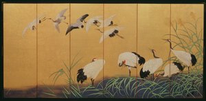 Six-Fold Screen Depicting Reeds and Cranes, Edo Period, Japanese by Suzuki Kiitsu