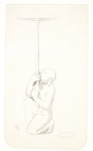 "Slave with Parasol". Study Sheet after Reliefs in Borobudur, Java. by Svend Rathsack