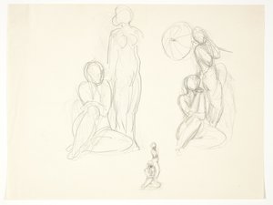 Study Sheet with Three Drafts for a Group with Standing and Sitting Woman by Svend Rathsack