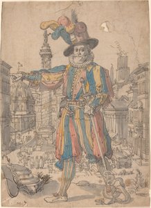 Giovanni Grosso of the Swiss Guards Standing before a View of Rome by Swiss 17th Century after Francesco Villamena