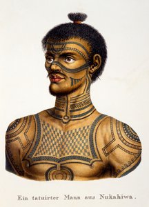 Tattooed man from Nukahiwa, from Ethnological Study of Various Racial Types from Various Continents, by C.I. Brodtmann, published 1824