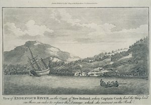 Captain Cook having the Endeavour repaired in a harbour on one of the Hope Islands - Engraving by Sydney (after) Parkinson