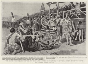 The Maori Demonstration Before the Duke and Duchess of Cornwall at Rotorua, Chiefs Presenting Gifts by Sydney Prior Hall