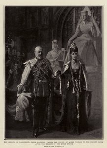 The Opening of Parliament, Their Majesties passing the Statue of Queen Victoria in the Prince